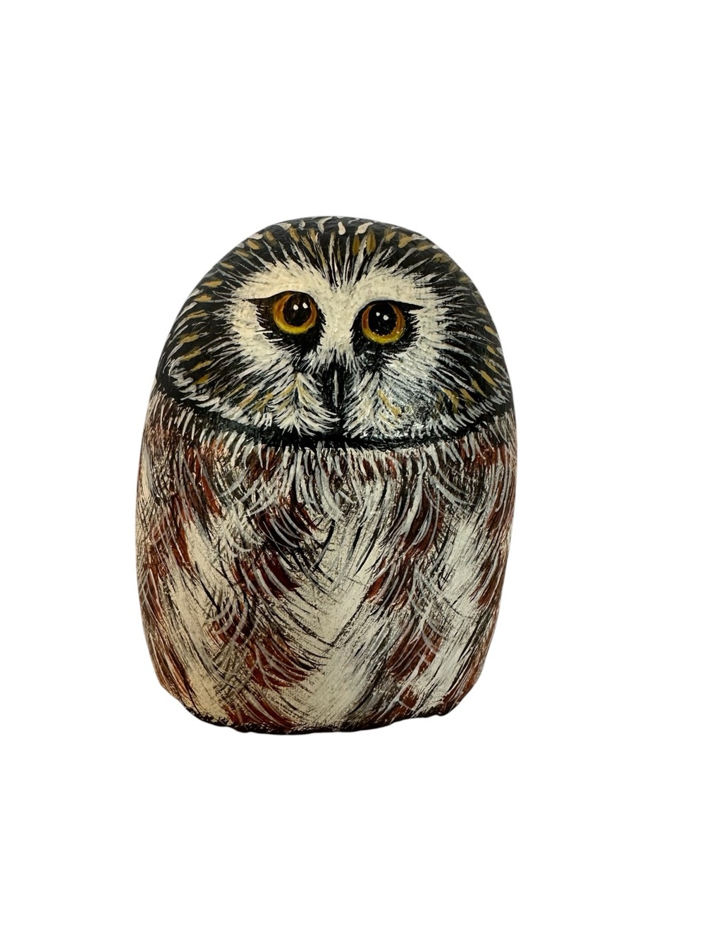 Hand-Painted Owl Stone Rock Figurine in Brown, Cream & Black Sign Anne Farel 97